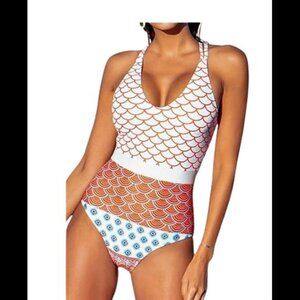 NEW CUPSHE One Piece Swimsuit Scoop Neck Geo-Print Swimwear Womens XXL